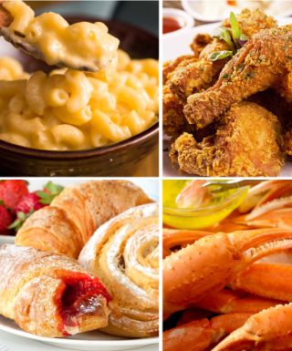 mac & cheese, fried chicken, pastries, crab legs