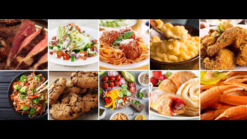 prime rib, salad, noodles, cookies, spaghetti, pastries