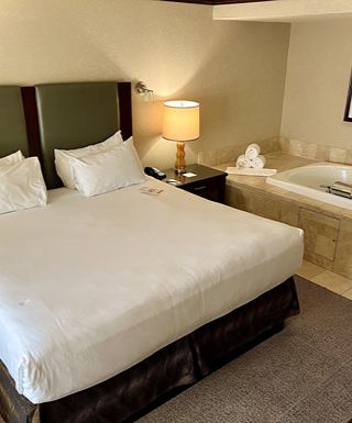 Hotel room bed and whirlpool tub