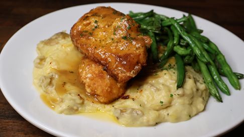 Pan Fried Chicken with mashed potatoes and green beans