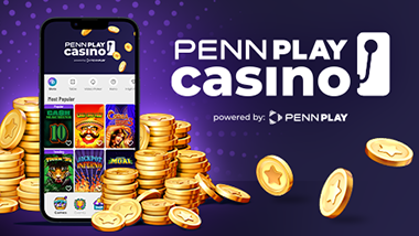 graphic for PENN Play Casino mobile app with phone with app interface surrounded by gold coins