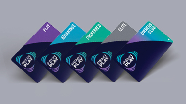 graphic of PENN Play cards, all tier levels Play, Advantage, Preferred, Elite and Owners Club