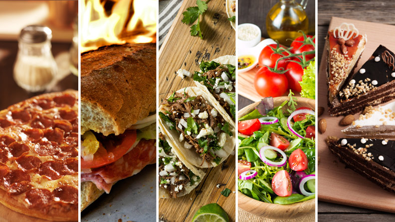 pepperoni pizza, sandwich, tacos, salad and desserts